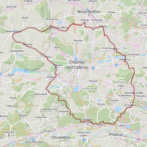 Miniaturní mapa "Gravelová tura okolo Městce Králové" inspirace pro cyklisty v oblasti Střední Čechy, Czech Republic. Vytvořeno pomocí plánovače tras Tarmacs.app