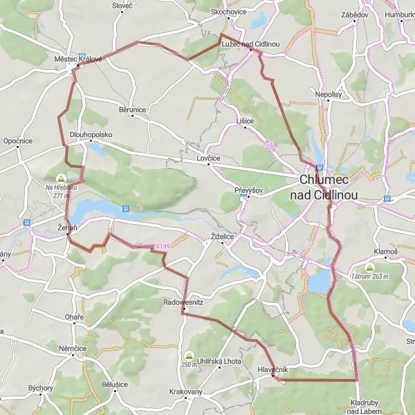 Miniaturní mapa "Gravel řez Městecom Králové" inspirace pro cyklisty v oblasti Střední Čechy, Czech Republic. Vytvořeno pomocí plánovače tras Tarmacs.app