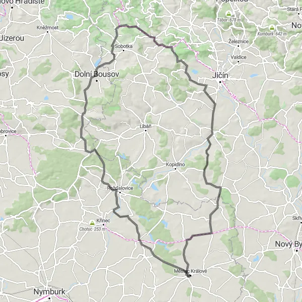 Mapa miniatúra "Cestná trasa cez okolie Městca Králové" cyklistická inšpirácia v Střední Čechy, Czech Republic. Vygenerované cyklistickým plánovačom trás Tarmacs.app