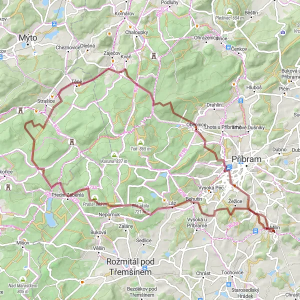 Miniaturní mapa "Gravel cesta přes haldu, Láz, Prahu, Vlč, Těně, Hejlák, Obecnice a Lešetice" inspirace pro cyklisty v oblasti Střední Čechy, Czech Republic. Vytvořeno pomocí plánovače tras Tarmacs.app