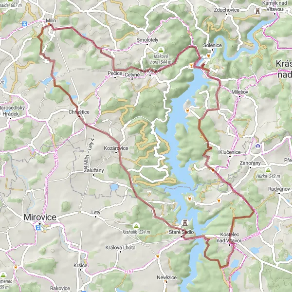 Karten-Miniaturansicht der Radinspiration "Gravelroute rund um Milín" in Střední Čechy, Czech Republic. Erstellt vom Tarmacs.app-Routenplaner für Radtouren