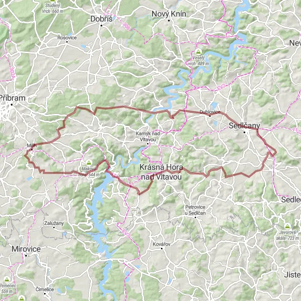 Miniaturní mapa "Gravel výlet kolem obor, Líchov, Cihelného vrchu, Pivovarské hory, Vletic, Dolní Líšnice, U křížku a Milína" inspirace pro cyklisty v oblasti Střední Čechy, Czech Republic. Vytvořeno pomocí plánovače tras Tarmacs.app