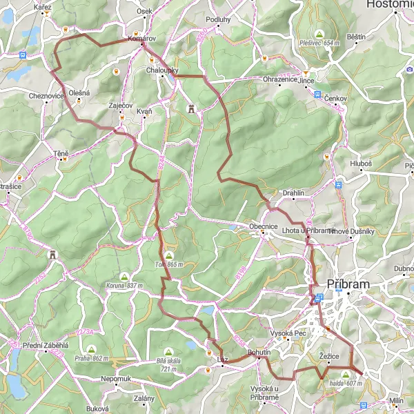 Miniaturní mapa "Gravel okruh okolo Příbramě" inspirace pro cyklisty v oblasti Střední Čechy, Czech Republic. Vytvořeno pomocí plánovače tras Tarmacs.app