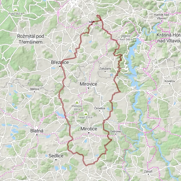 Miniaturní mapa "Gravel výlet kolem Milína" inspirace pro cyklisty v oblasti Střední Čechy, Czech Republic. Vytvořeno pomocí plánovače tras Tarmacs.app