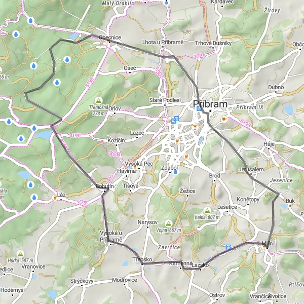 Miniaturní mapa "Road výlet kolem Příbramě" inspirace pro cyklisty v oblasti Střední Čechy, Czech Republic. Vytvořeno pomocí plánovače tras Tarmacs.app