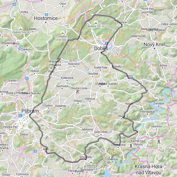 Map miniature of "Roads of Adventure" cycling inspiration in Střední Čechy, Czech Republic. Generated by Tarmacs.app cycling route planner