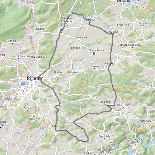 Miniaturní mapa "Okruh přes Příbram II, Obořiště, Stěžov a Milín" inspirace pro cyklisty v oblasti Střední Čechy, Czech Republic. Vytvořeno pomocí plánovače tras Tarmacs.app