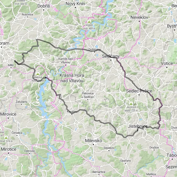 Miniaturní mapa "Cestování na silnici kolem Středních Čech" inspirace pro cyklisty v oblasti Střední Čechy, Czech Republic. Vytvořeno pomocí plánovače tras Tarmacs.app