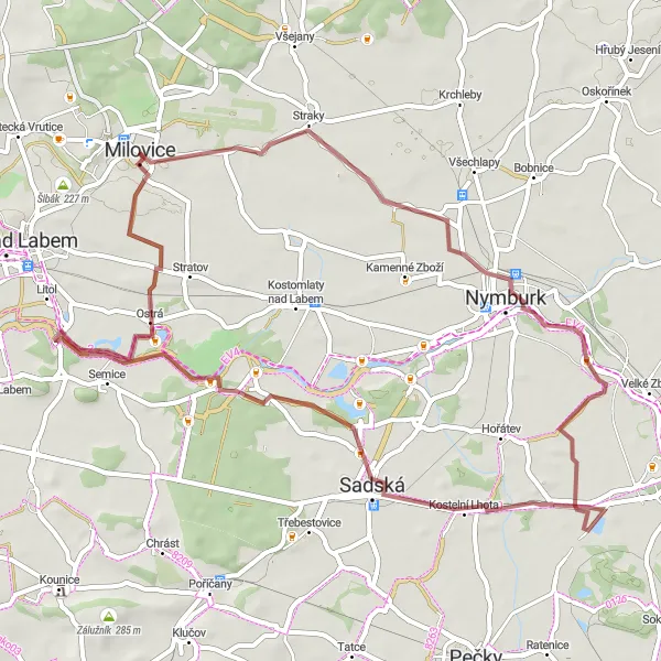 Mapa miniatúra "Údolím řeky a kolem Sadské až Ostrá" cyklistická inšpirácia v Střední Čechy, Czech Republic. Vygenerované cyklistickým plánovačom trás Tarmacs.app