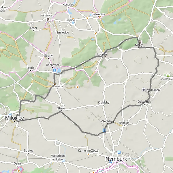 Miniatura mapy "Trasa dookoła Milovic - Szosa Kateřina-Zbožíčko" - trasy rowerowej w Střední Čechy, Czech Republic. Wygenerowane przez planer tras rowerowych Tarmacs.app