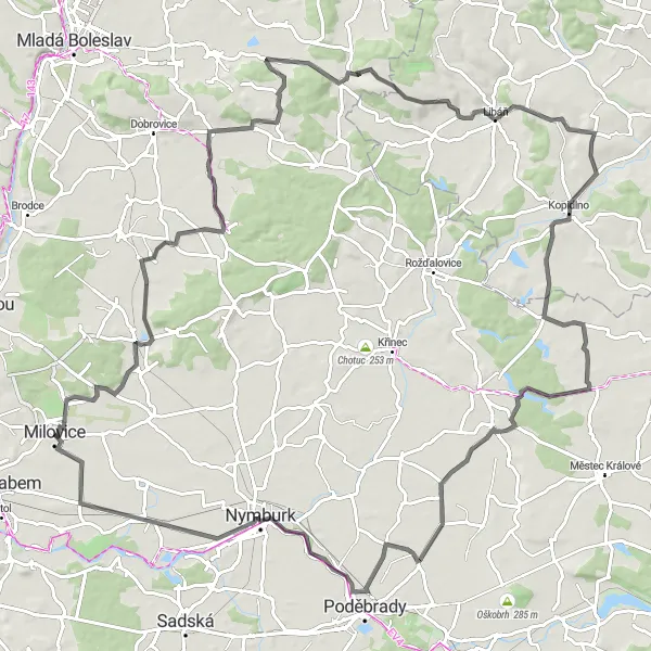 Mapa miniatúra "Cyklotrasa okolo Milovic" cyklistická inšpirácia v Střední Čechy, Czech Republic. Vygenerované cyklistickým plánovačom trás Tarmacs.app