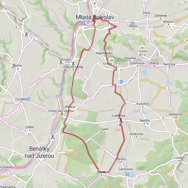 Mapa miniatúra "Gravelová jazda po histórii Mladá Boleslav" cyklistická inšpirácia v Střední Čechy, Czech Republic. Vygenerované cyklistickým plánovačom trás Tarmacs.app