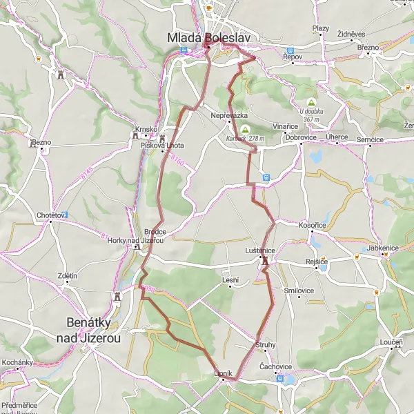 Miniaturní mapa "Okolím Mladé Boleslavi" inspirace pro cyklisty v oblasti Střední Čechy, Czech Republic. Vytvořeno pomocí plánovače tras Tarmacs.app