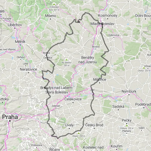 Mapa miniatúra "Road Route to Velké Všelisy" cyklistická inšpirácia v Střední Čechy, Czech Republic. Vygenerované cyklistickým plánovačom trás Tarmacs.app