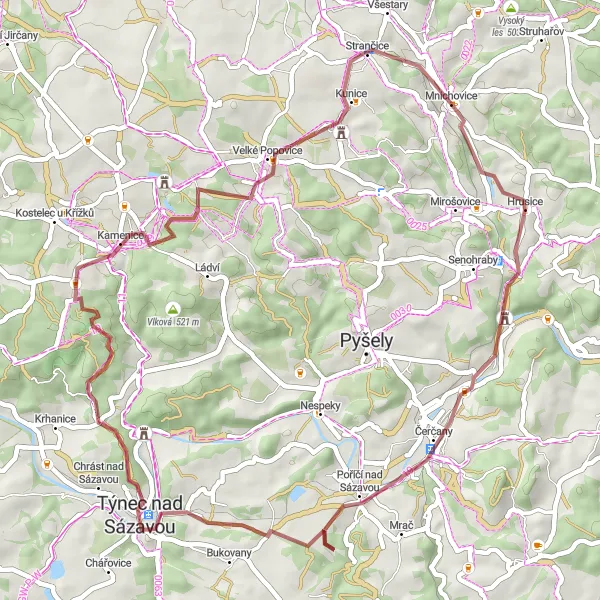 Map miniature of "Hrusice and Týnec nad Sázavou Gravel Route" cycling inspiration in Střední Čechy, Czech Republic. Generated by Tarmacs.app cycling route planner