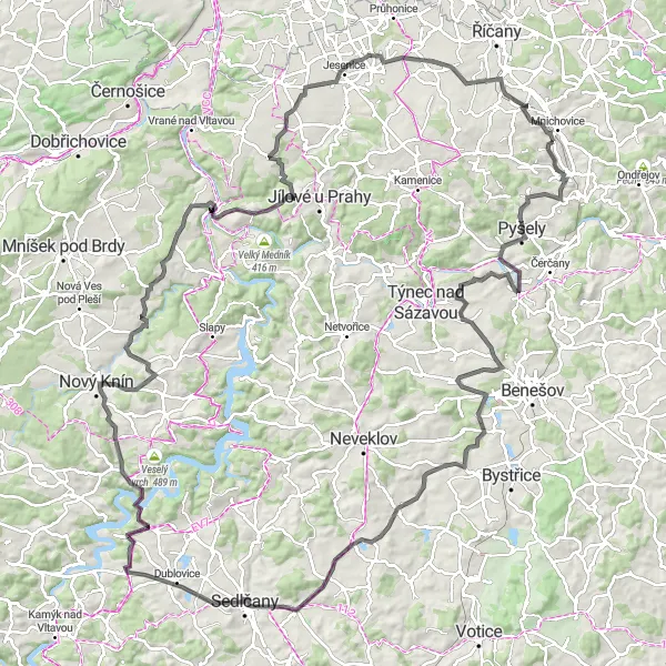 Map miniature of "Countryside Road Ride" cycling inspiration in Střední Čechy, Czech Republic. Generated by Tarmacs.app cycling route planner
