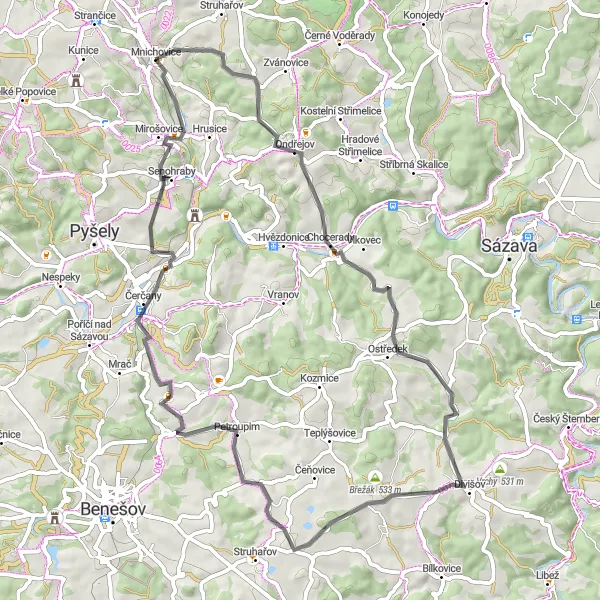 Map miniature of "Hills and Valleys Road Cycling" cycling inspiration in Střední Čechy, Czech Republic. Generated by Tarmacs.app cycling route planner