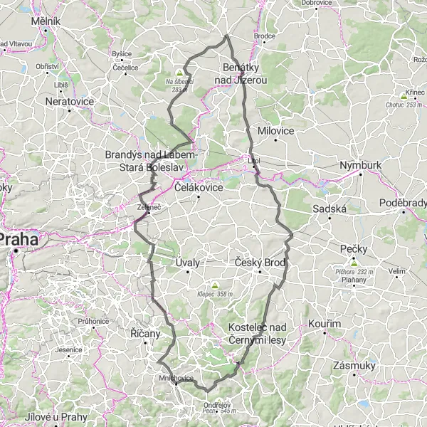 Map miniature of "Mnichovice Loop" cycling inspiration in Střední Čechy, Czech Republic. Generated by Tarmacs.app cycling route planner