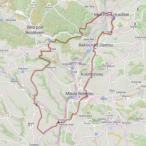 Miniaturní mapa "Cyklostezka Veselá - Klášter Hradiště nad Jizerou" inspirace pro cyklisty v oblasti Střední Čechy, Czech Republic. Vytvořeno pomocí plánovače tras Tarmacs.app