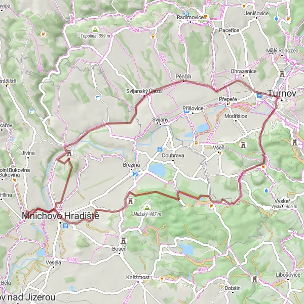 Miniaturní mapa "Gravelový okruh z Mnichova Hradiště" inspirace pro cyklisty v oblasti Střední Čechy, Czech Republic. Vytvořeno pomocí plánovače tras Tarmacs.app