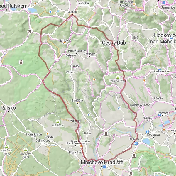 Miniaturní mapa "Gravel Tour around Mnichovo Hradiště" inspirace pro cyklisty v oblasti Střední Čechy, Czech Republic. Vytvořeno pomocí plánovače tras Tarmacs.app