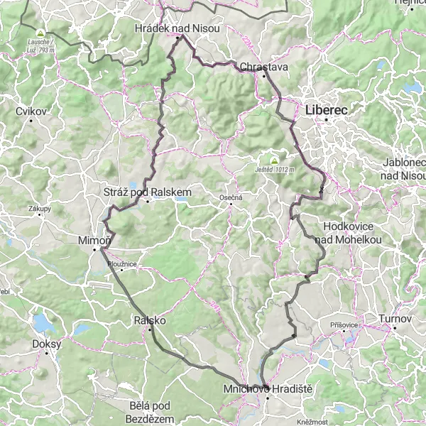 Miniaturní mapa "Výzva okolo Mnichova Hradiště" inspirace pro cyklisty v oblasti Střední Čechy, Czech Republic. Vytvořeno pomocí plánovače tras Tarmacs.app
