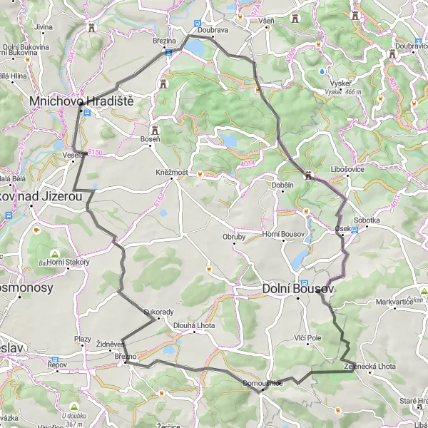 Miniaturní mapa "Okruh kolem Mnichova Hradiště" inspirace pro cyklisty v oblasti Střední Čechy, Czech Republic. Vytvořeno pomocí plánovače tras Tarmacs.app