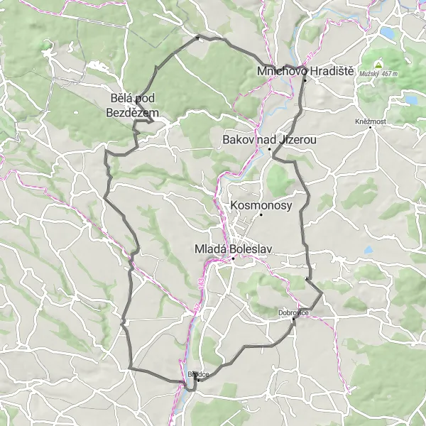 Map miniature of "Tibal Forts and Scenic Villages Ride" cycling inspiration in Střední Čechy, Czech Republic. Generated by Tarmacs.app cycling route planner