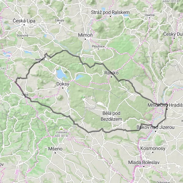 Miniaturní mapa "Okruh Bítouchov - Mnichovo Hradiště" inspirace pro cyklisty v oblasti Střední Čechy, Czech Republic. Vytvořeno pomocí plánovače tras Tarmacs.app