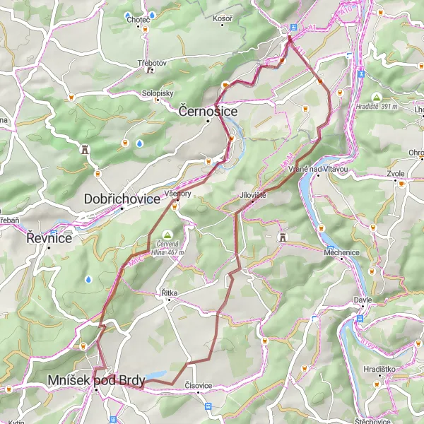 Map miniature of "The Compact Gravel Adventure" cycling inspiration in Střední Čechy, Czech Republic. Generated by Tarmacs.app cycling route planner