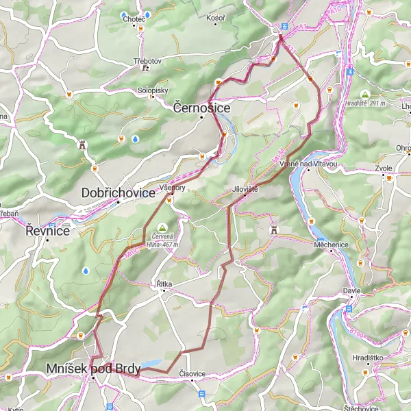 Mapa miniatúra "Gravel okolím Mníška pod Brdy" cyklistická inšpirácia v Střední Čechy, Czech Republic. Vygenerované cyklistickým plánovačom trás Tarmacs.app