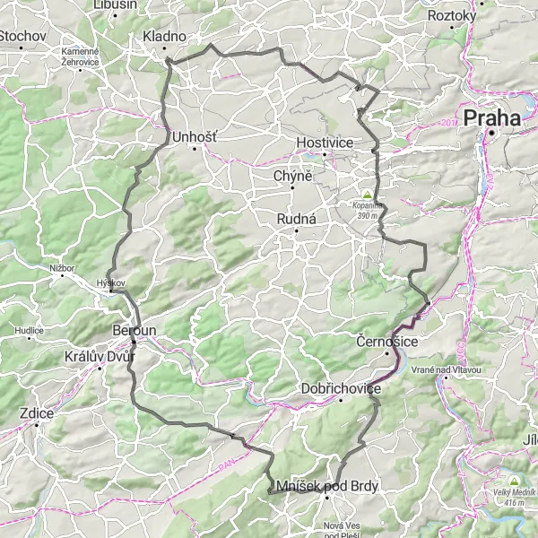 Karten-Miniaturansicht der Radinspiration "Entdeckungstour durch die pittoreske Landschaft von Liteň" in Střední Čechy, Czech Republic. Erstellt vom Tarmacs.app-Routenplaner für Radtouren