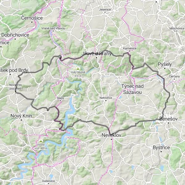 Miniaturní mapa "Road ascent to Nová Ves pod Pleší" inspirace pro cyklisty v oblasti Střední Čechy, Czech Republic. Vytvořeno pomocí plánovače tras Tarmacs.app