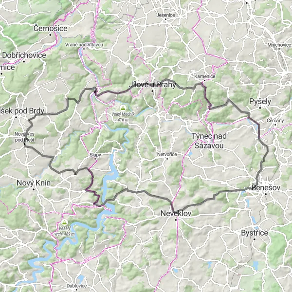 Mapa miniatúra "Okruh kolem Mníšku pod Brdy" cyklistická inšpirácia v Střední Čechy, Czech Republic. Vygenerované cyklistickým plánovačom trás Tarmacs.app