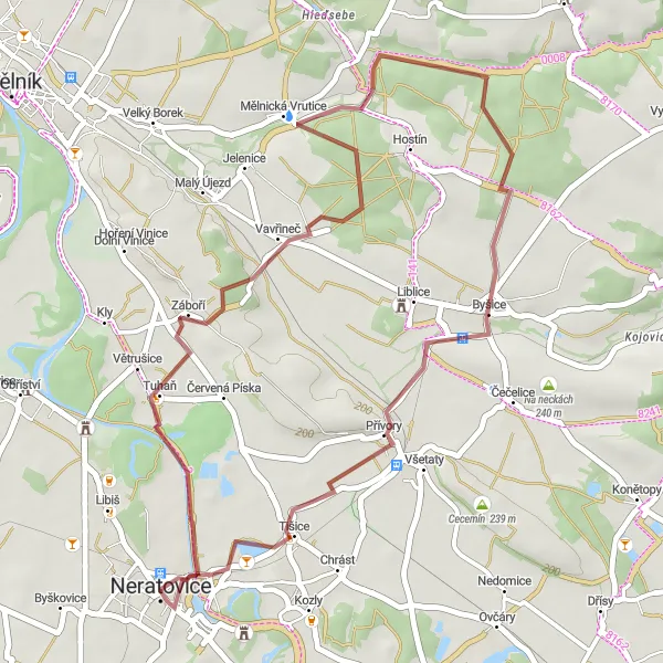 Miniaturní mapa "Gravel trasa kolem řeky" inspirace pro cyklisty v oblasti Střední Čechy, Czech Republic. Vytvořeno pomocí plánovače tras Tarmacs.app