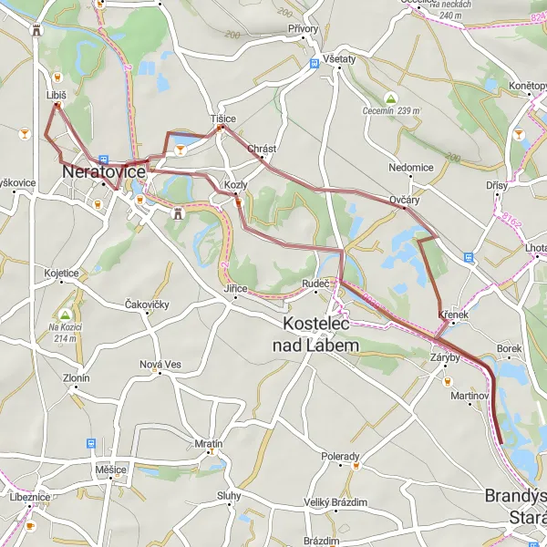 Mapa miniatúra "Gravel Neratovice Circuit" cyklistická inšpirácia v Střední Čechy, Czech Republic. Vygenerované cyklistickým plánovačom trás Tarmacs.app