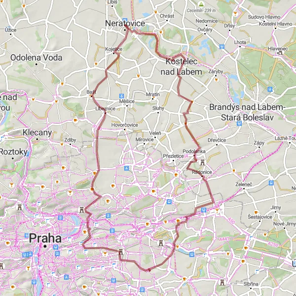 Mapa miniatúra "Gravel do Malešic" cyklistická inšpirácia v Střední Čechy, Czech Republic. Vygenerované cyklistickým plánovačom trás Tarmacs.app