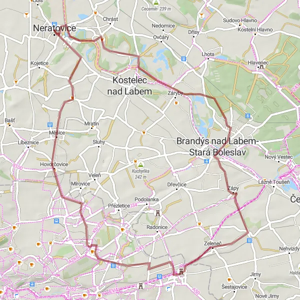 Miniaturní mapa "Gravelový okruh kolem Brandýsa nad Labem" inspirace pro cyklisty v oblasti Střední Čechy, Czech Republic. Vytvořeno pomocí plánovače tras Tarmacs.app