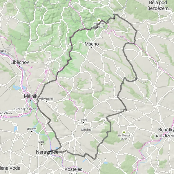 Mapa miniatúra "Cyklostezka okolo Neratovic" cyklistická inšpirácia v Střední Čechy, Czech Republic. Vygenerované cyklistickým plánovačom trás Tarmacs.app