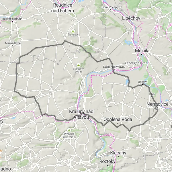 Miniaturní mapa "Okruh přes Předboj a Jeveněves" inspirace pro cyklisty v oblasti Střední Čechy, Czech Republic. Vytvořeno pomocí plánovače tras Tarmacs.app