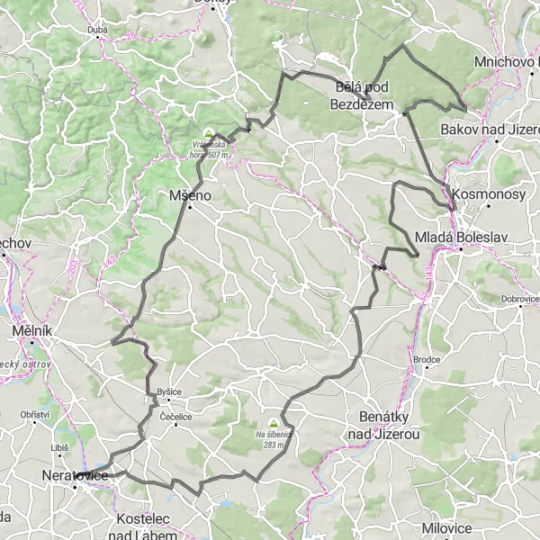 Miniaturní mapa "Challenging Road Cycling Round Trip with Stunning Views" inspirace pro cyklisty v oblasti Střední Čechy, Czech Republic. Vytvořeno pomocí plánovače tras Tarmacs.app