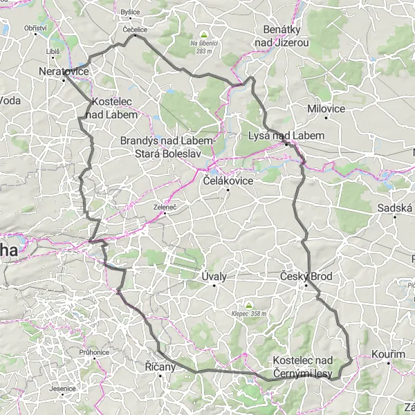 Map miniature of "Střední Čechy Road Adventure" cycling inspiration in Střední Čechy, Czech Republic. Generated by Tarmacs.app cycling route planner