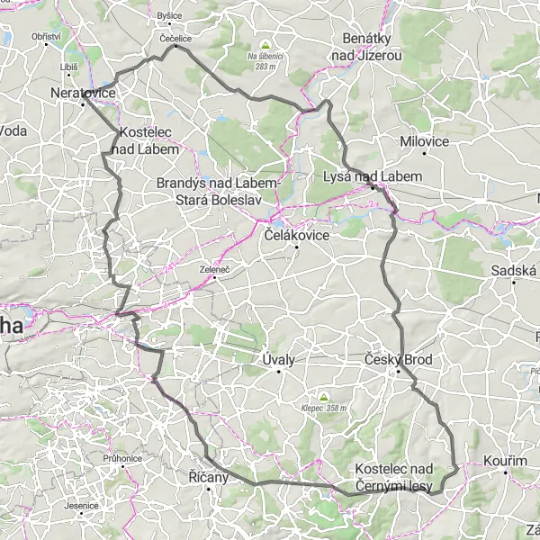 Mapa miniatúra "Okolo Střední Čechy" cyklistická inšpirácia v Střední Čechy, Czech Republic. Vygenerované cyklistickým plánovačom trás Tarmacs.app