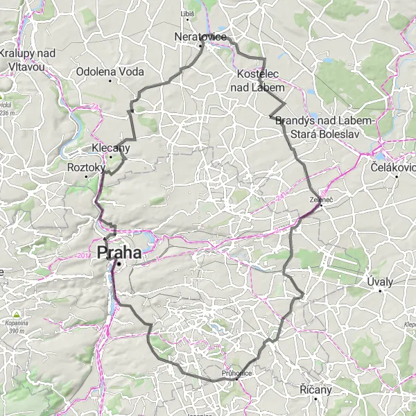 Mapa miniatúra "Popovice - Klíčany round trip" cyklistická inšpirácia v Střední Čechy, Czech Republic. Vygenerované cyklistickým plánovačom trás Tarmacs.app