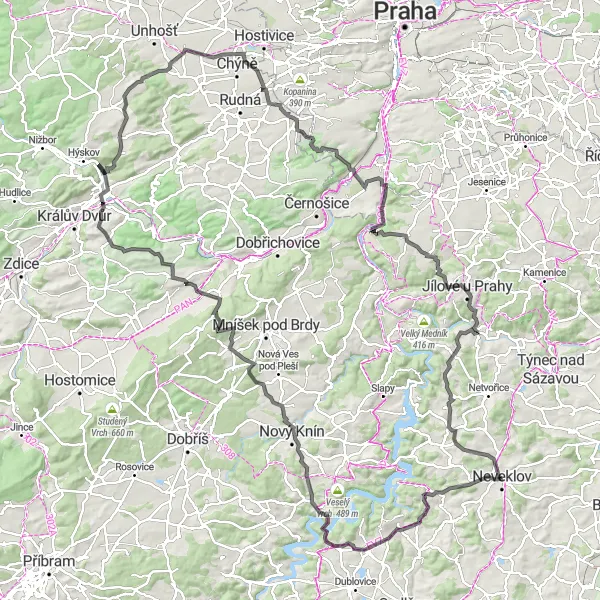 Map miniature of "Střední Čechy Ultimate Cycling Challenge" cycling inspiration in Střední Čechy, Czech Republic. Generated by Tarmacs.app cycling route planner