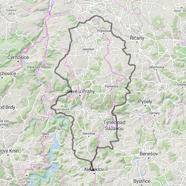 Map miniature of "Historical Road Tour" cycling inspiration in Střední Čechy, Czech Republic. Generated by Tarmacs.app cycling route planner