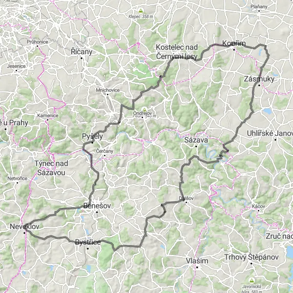 Map miniature of "Scenic Road Cycling Tour near Neveklov" cycling inspiration in Střední Čechy, Czech Republic. Generated by Tarmacs.app cycling route planner