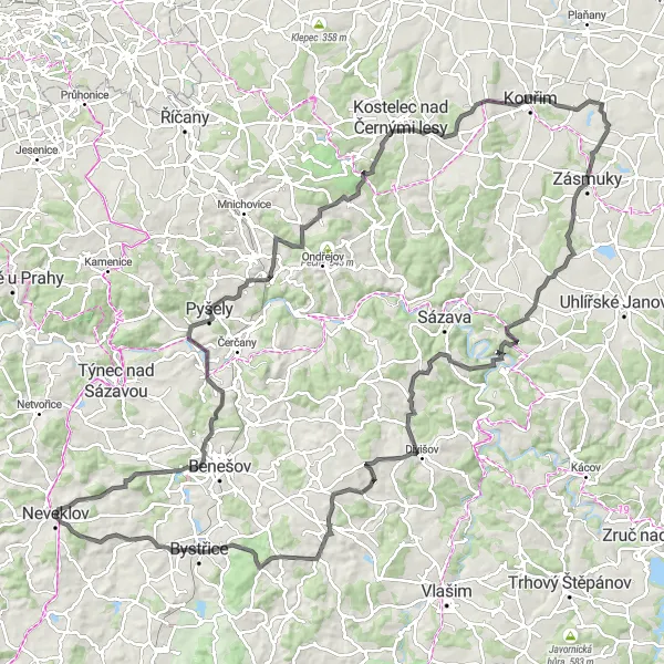 Mapa miniatúra "Cyklistika Střední Čechy - Road" cyklistická inšpirácia v Střední Čechy, Czech Republic. Vygenerované cyklistickým plánovačom trás Tarmacs.app