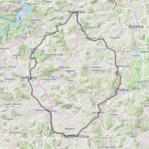 Map miniature of "Neveklov Loop" cycling inspiration in Střední Čechy, Czech Republic. Generated by Tarmacs.app cycling route planner