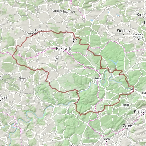 Miniaturní mapa "Gravelová cyklotrasa Nižbor - lovecký zámeček Dřevíč" inspirace pro cyklisty v oblasti Střední Čechy, Czech Republic. Vytvořeno pomocí plánovače tras Tarmacs.app